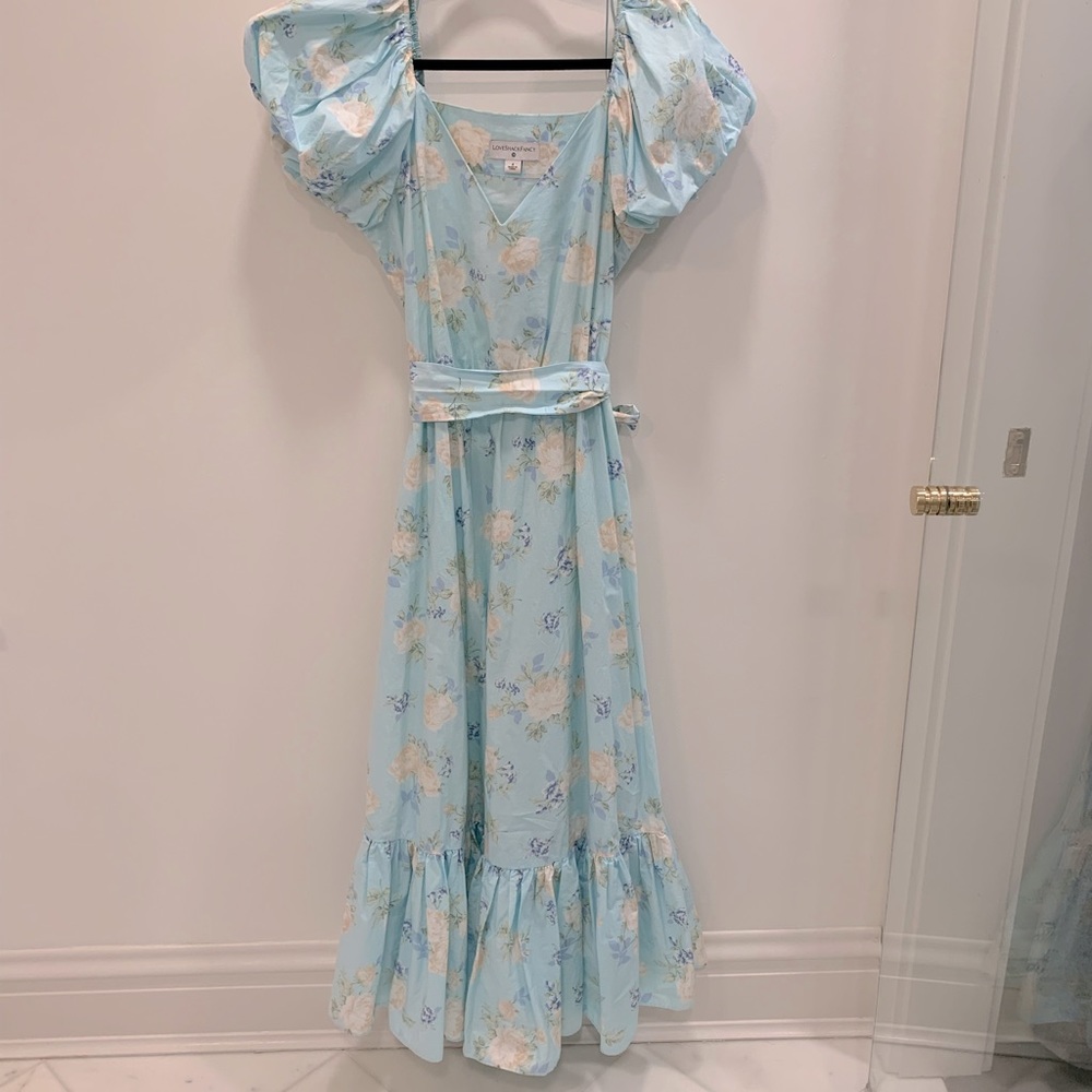 Loveshack Fancy for Target blue floral midi dress with puff sleeves